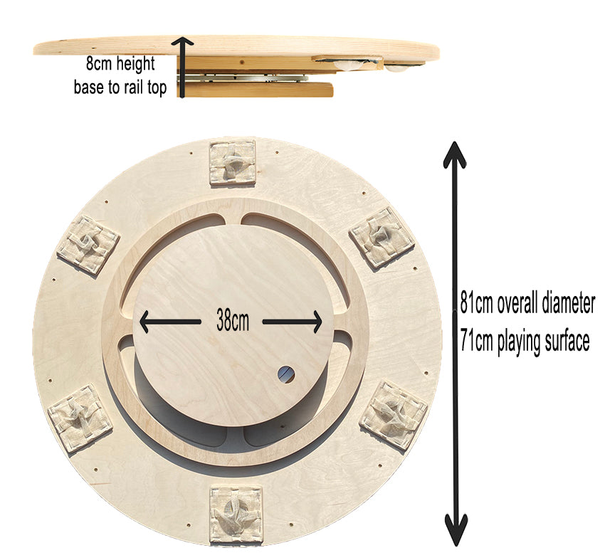 sideview and under side view of carrooka board with measurements for diameter and height