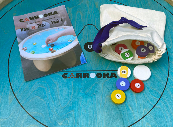 Carrooka Pool 8 blue surface board with rule book, counters and baggie