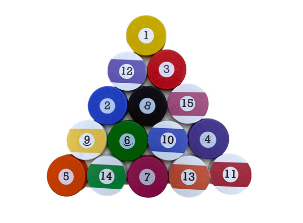 Fifteen pool8 counters on white background